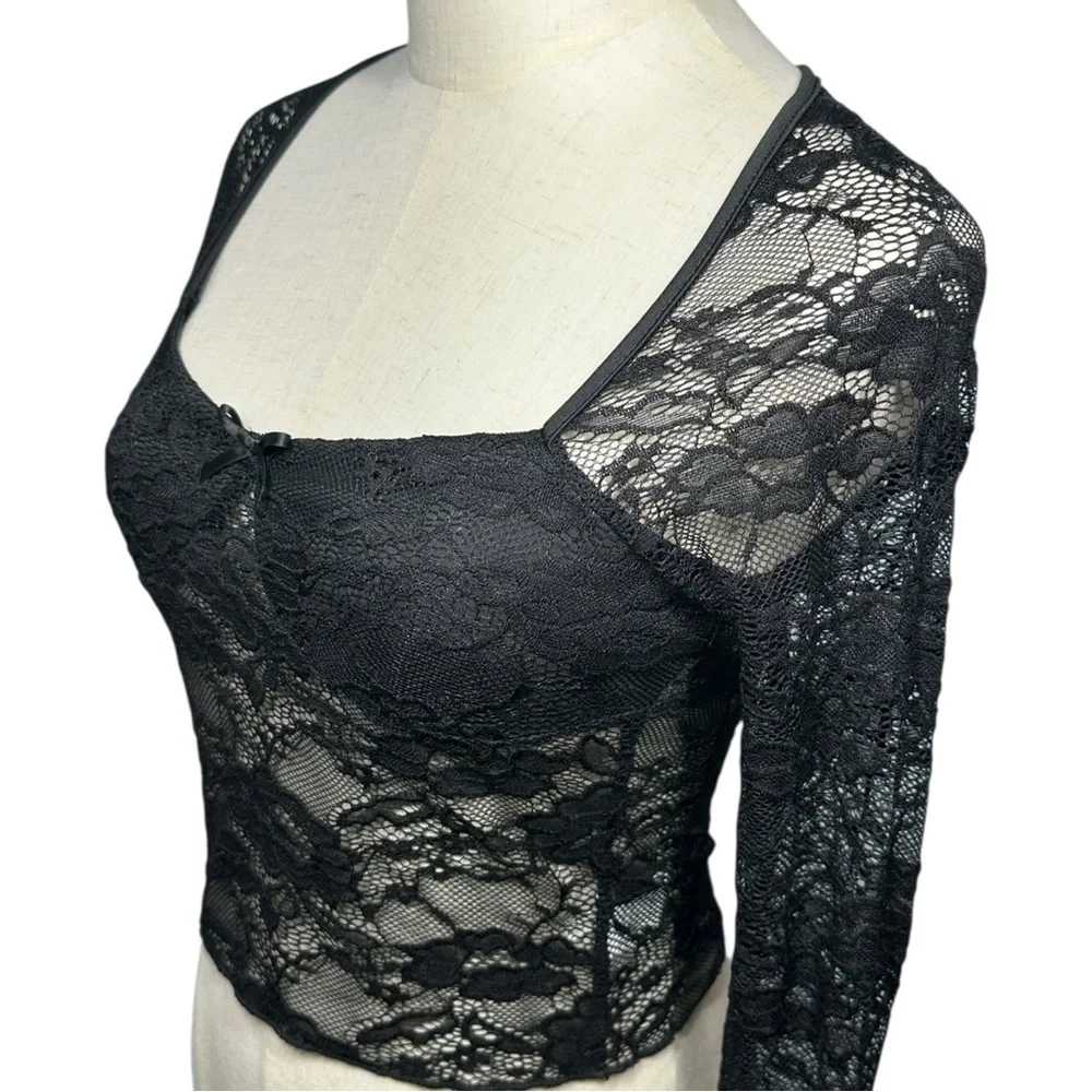 Unbranded Y2K Babydoll Black Lace Sheer Top Dark‎ Coquette Grunge